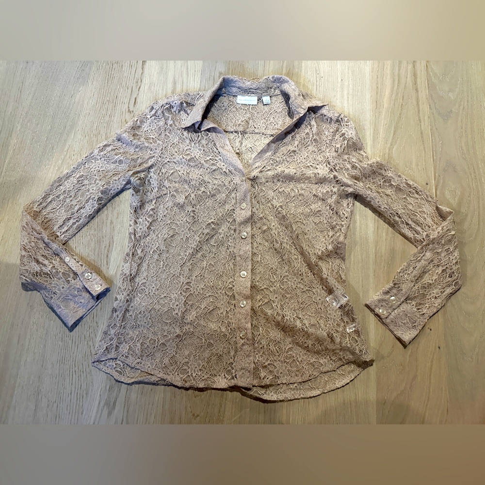 Sheer Mesh Lace Button Up Top Sheer True Cool Toned Nude Cream Color